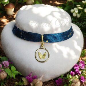 Starry Night Blue Velvet Choker Necklace with Celestial Print and Whimsical